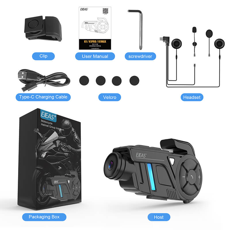EJEAS K1, K1PRO, K1PRO + _2-IN-1 fone de ouvido de intercomunicação de malha para motocicleta e gravador de capacete