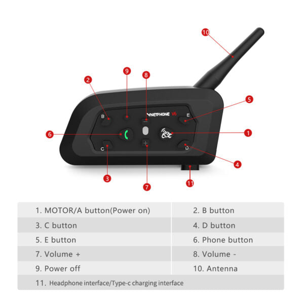 Intercomunicador Bluetooth para casco de motocicleta Vnetphone V6